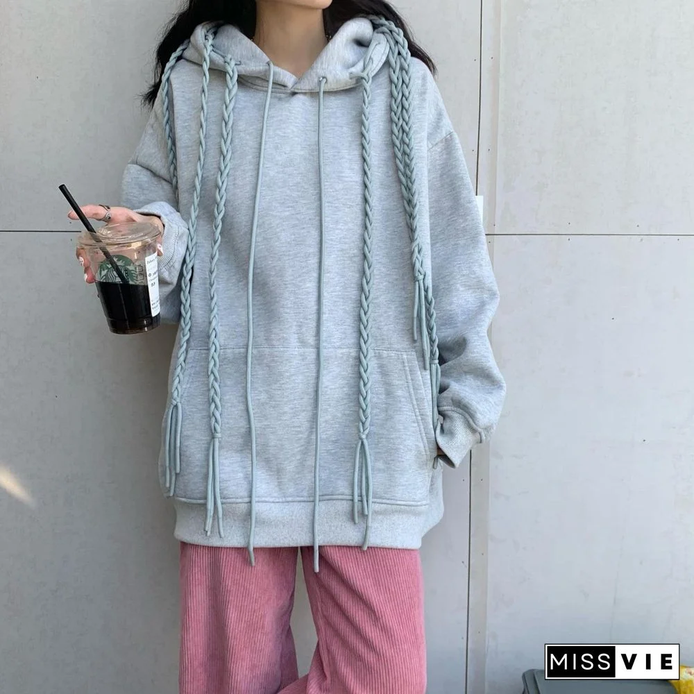 Fashion Women Sweatshirts Japanese Style Gray Casual Long Sleeve Loose Hooded Hoodies Spring Autumn Girls Lace Up Clothes
