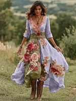 Women's Vintage Floral Art V Neck Linen Blend Maxi Dress - Image 6