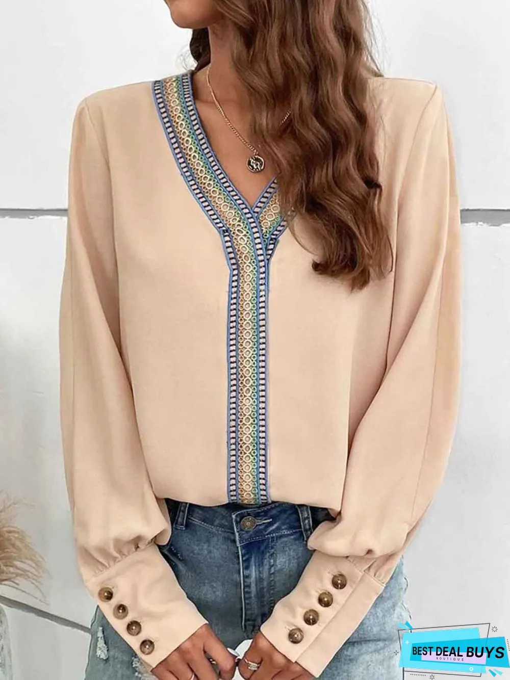 V Neck Casual Buckle Loose Top