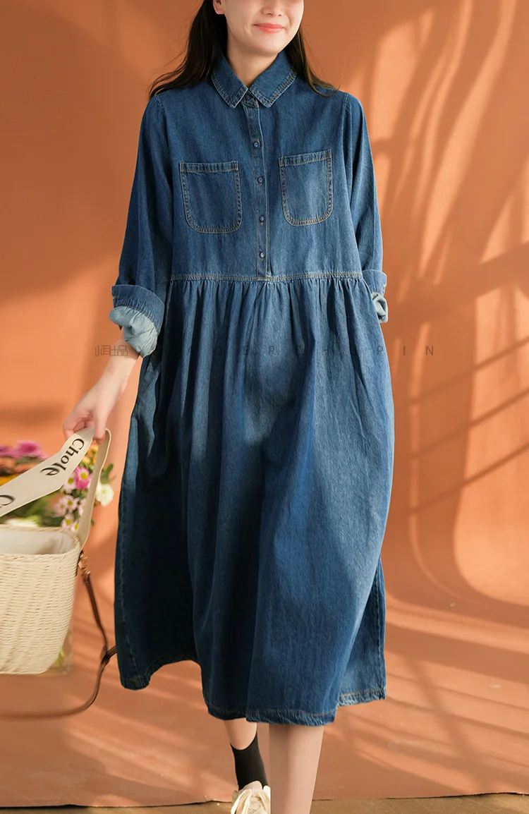 Women's Vintage Denim Dress Lapel Long Sleeve Midi Dress