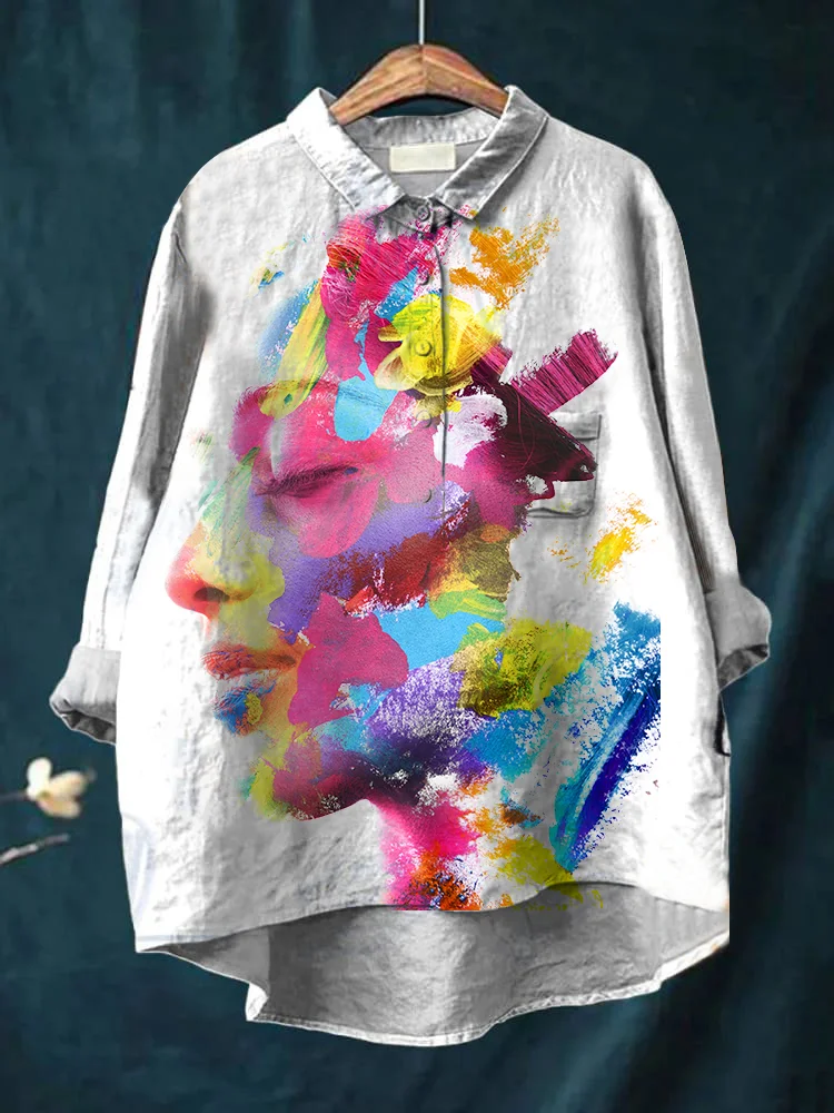 Women's Face Graffiti Casual Cotton Linen Shirt