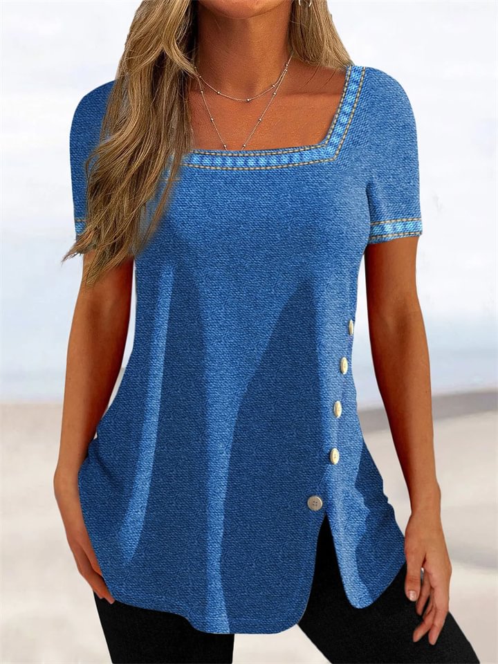 Spring and Summer New Printing Button Open Short-sleeved Top T-shirt Women -vasmok