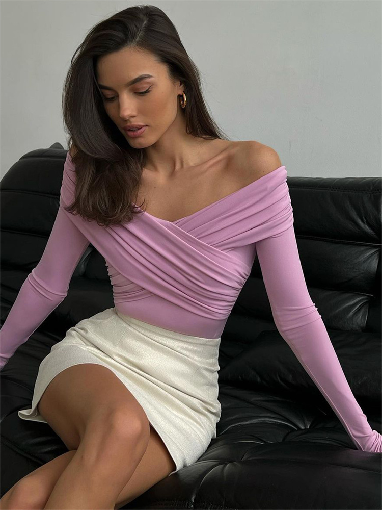 Ootddress White See-Through Patchwork Jumpsuit For Women Pleated Slim Sexy High Waist Long Sleeve Off-Shoulder Rompers Streetwear
