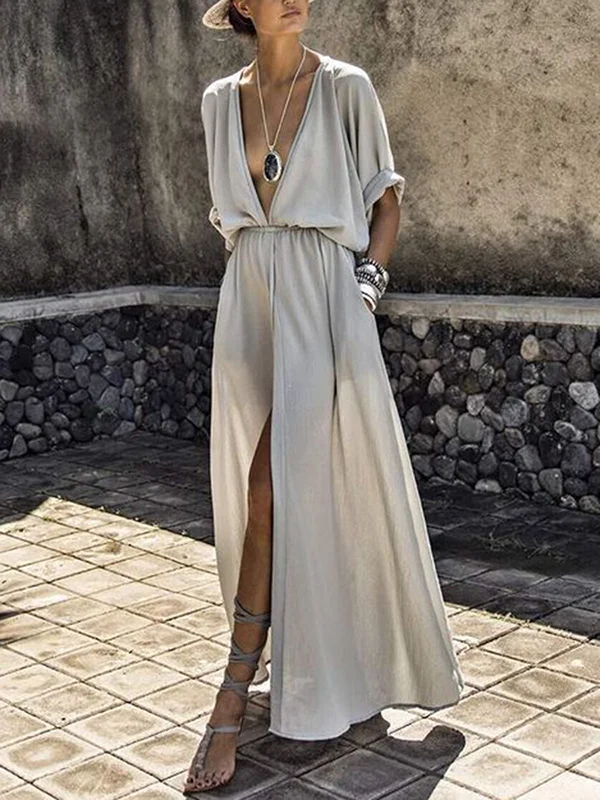 Pure Color Deep V-Neck Split-Front Maxi Dress