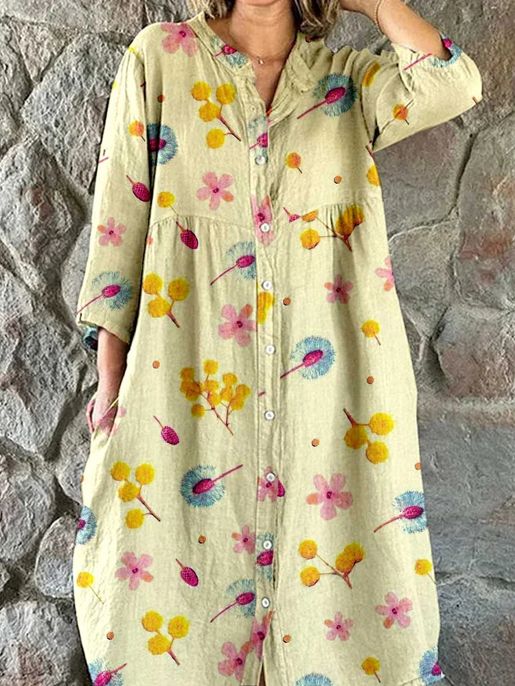 Womens Resort  Art  Floral Cotton Shirt Dress
