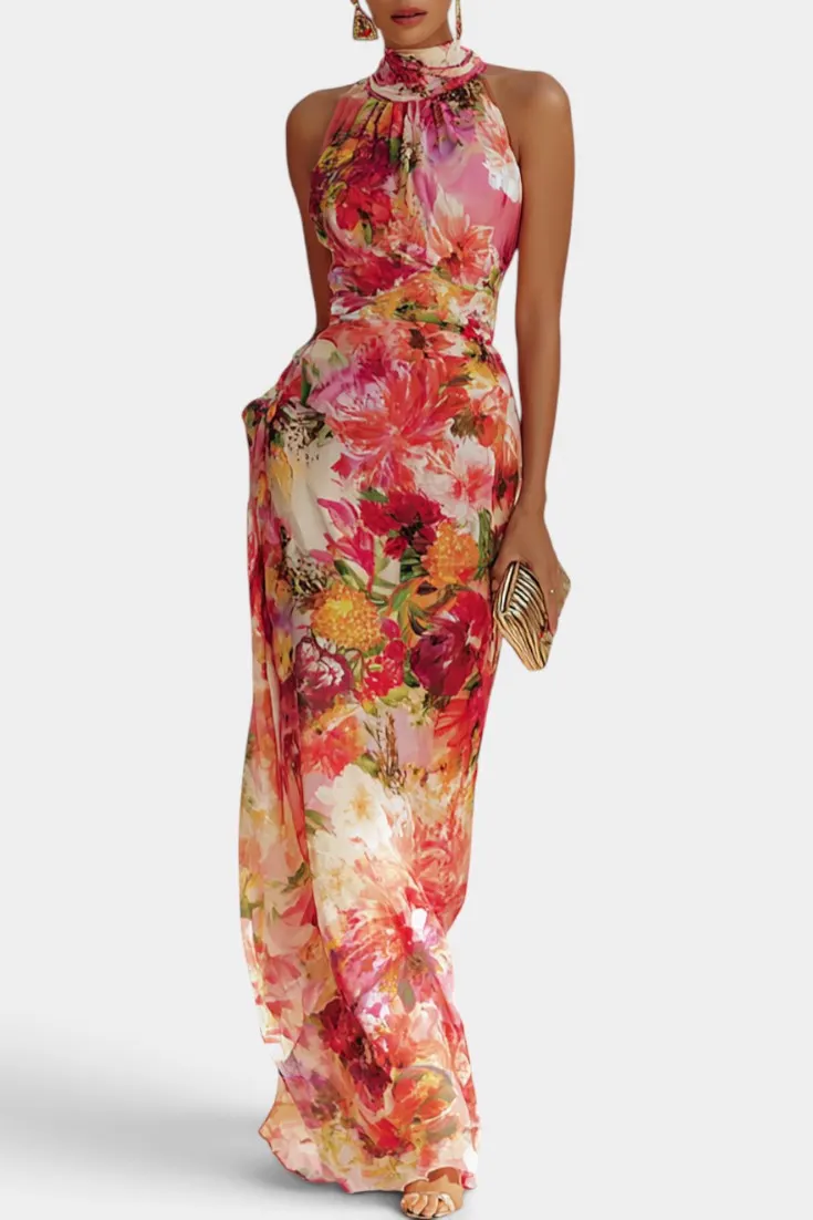 Floral Halter Maxi with Open Back Design