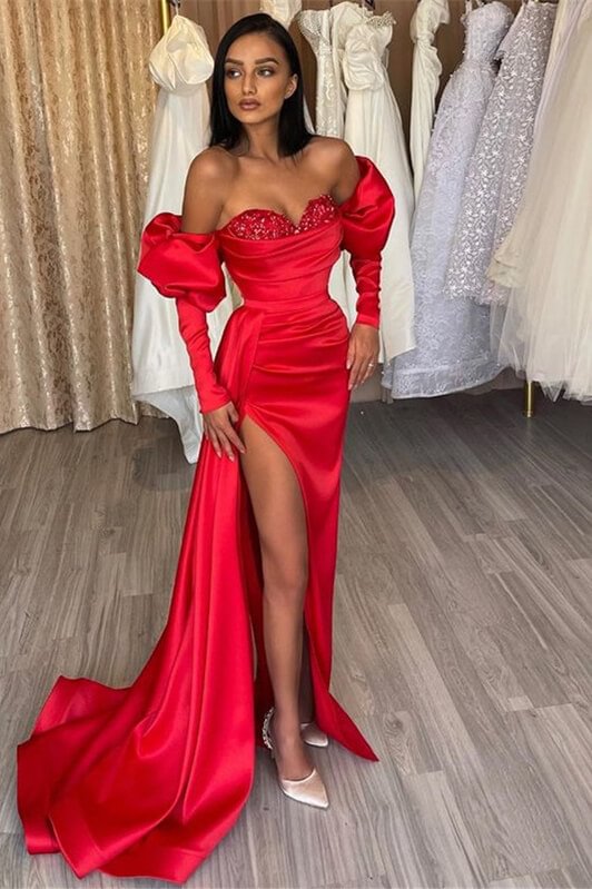 Luluslly Red Long Sleeves Mermaid Evening Dress Slit With Sequins