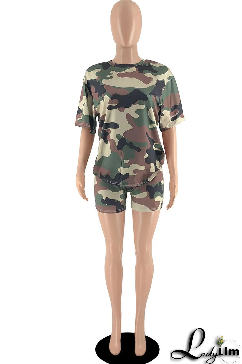 Army Green Casual Print Patchwork O Neck Short Sleeve Two Pieces