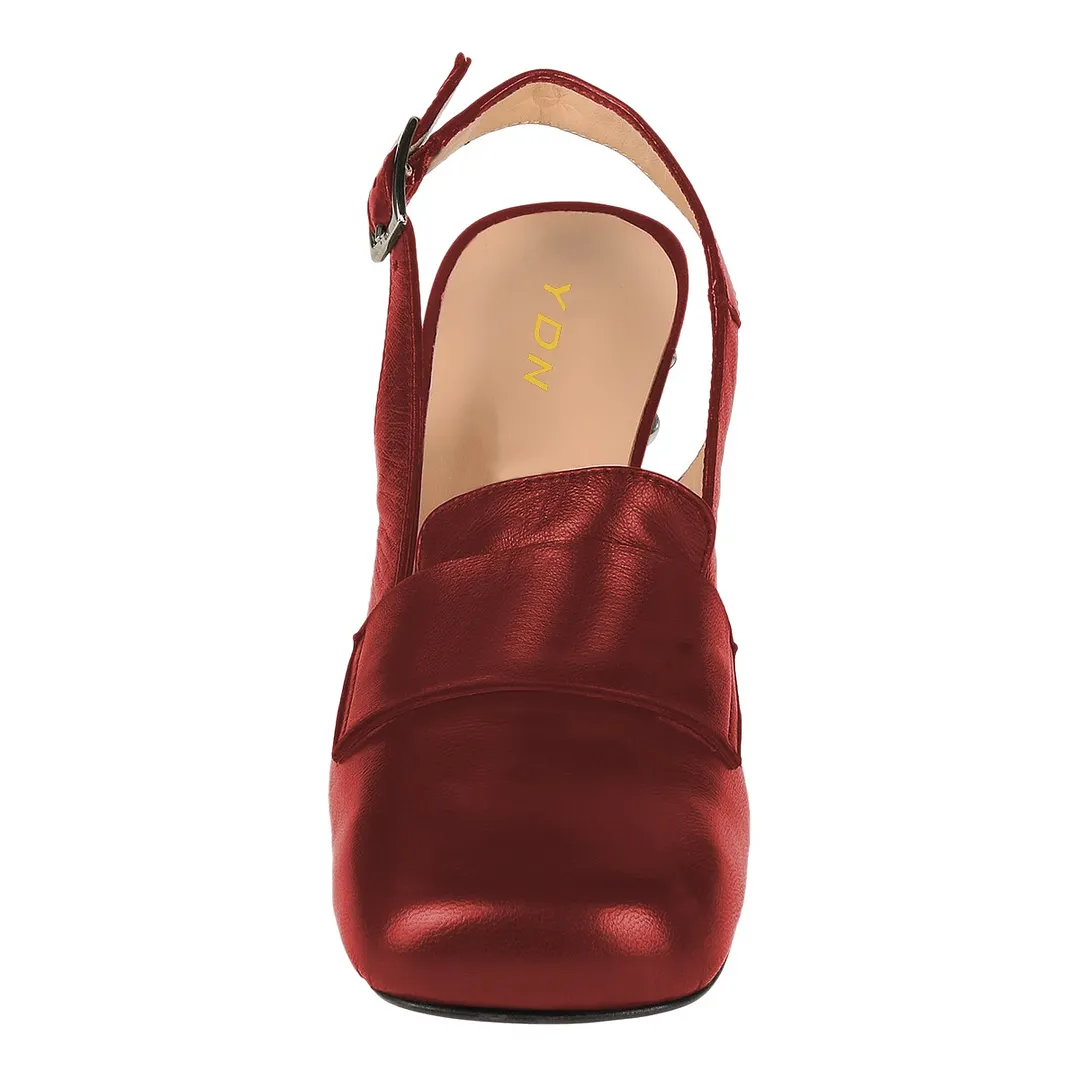 Ladies' Square Toe Loafer Red Pumps 3 Inch Slingback High Heels