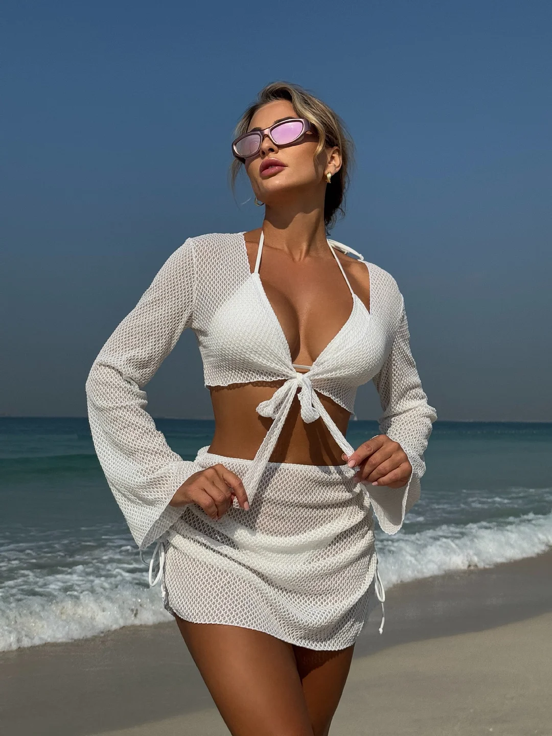 Uveng 2025 New Solid Color Sexy Summer New Beach Resort In Wind Four-Piece Split Swimsuit