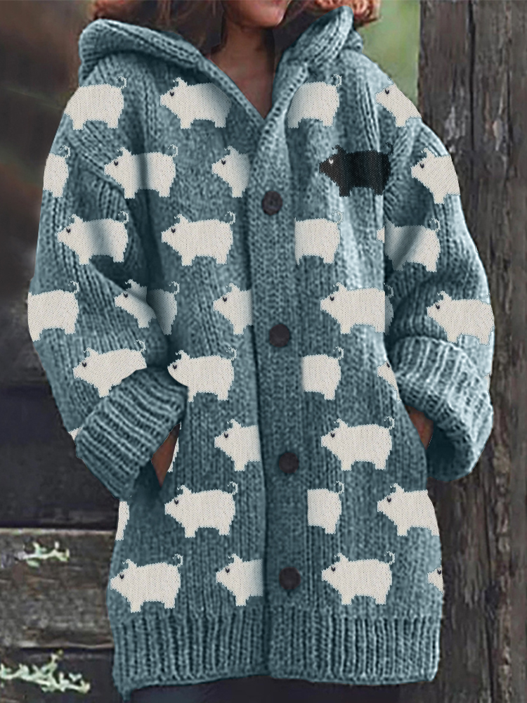 Vintage Farm Pigs Pattern Cozy Knit Hooded Cardigan