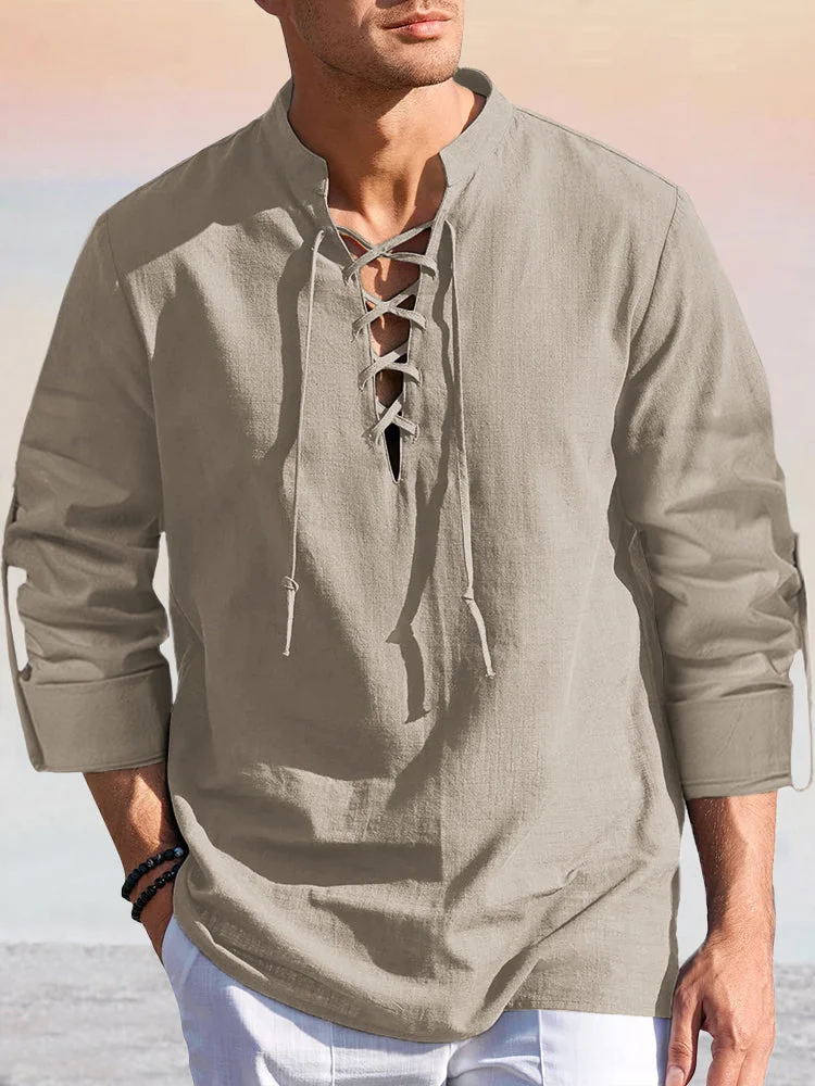 Casual Stand Collar Drawstring Cotton Linen Shirt
