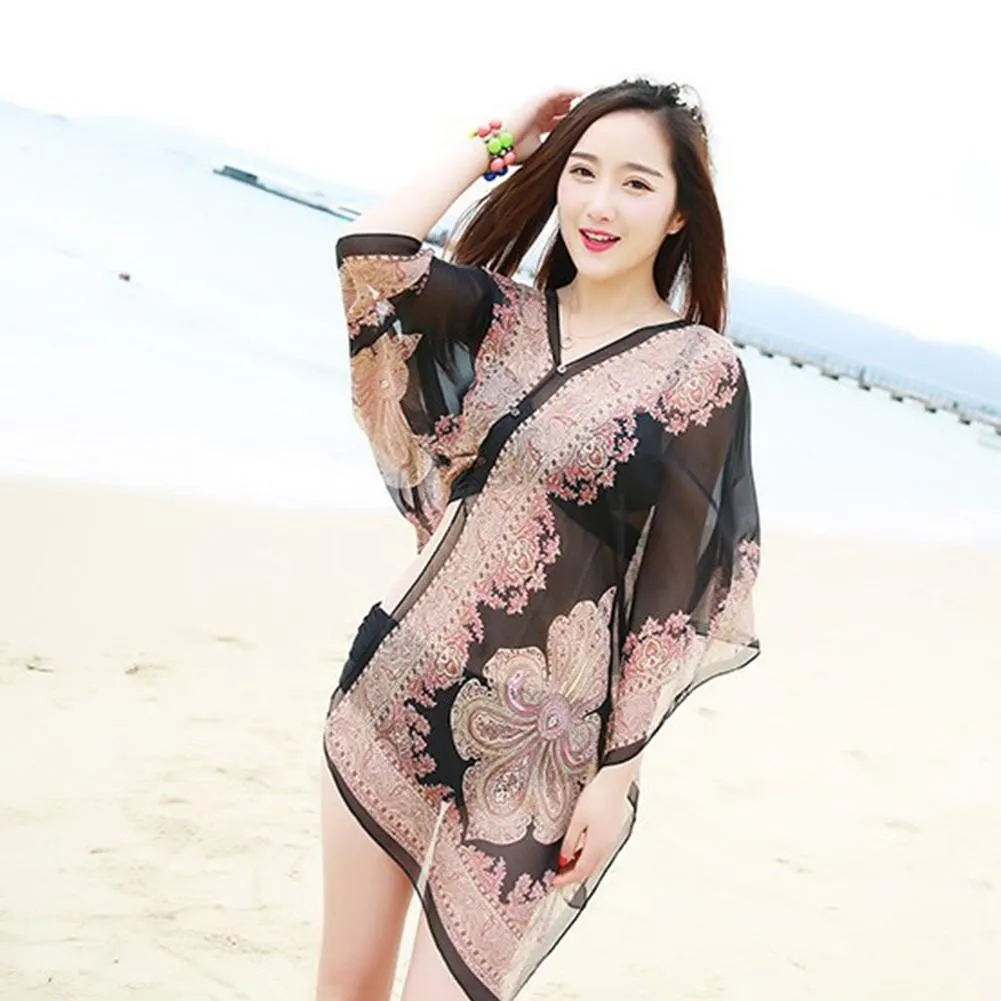 Women Summer Beach Bikini Cover Up Loose Chiffon Blouse Shawl Scarf with Button-s suitable for party holiday daily wear