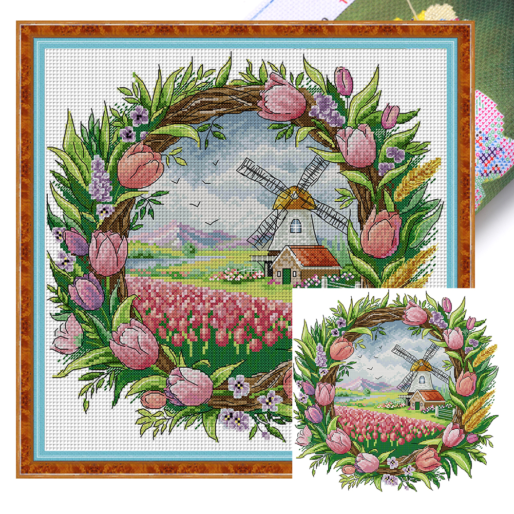 【Joy Sunday】Wreath Spring in the wreath Partial 14CT Pre-stamped Canvas(35*35cm) CrossStitch(backstitch)