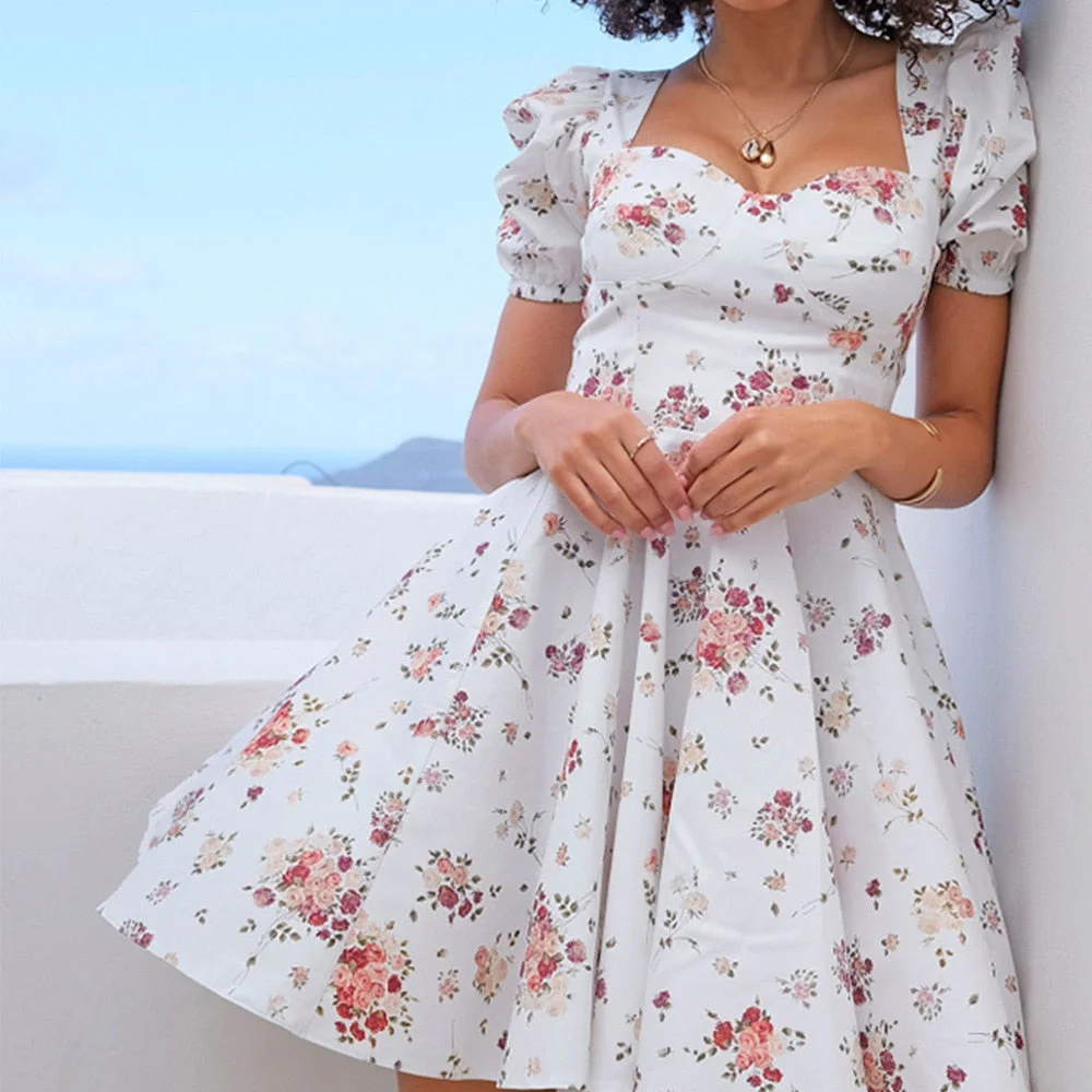 Flower Print White Dress Women Short Puff Mini Sundress Sexy Square Collar Woman High Waist Party A-Line Dress 2021 Summer