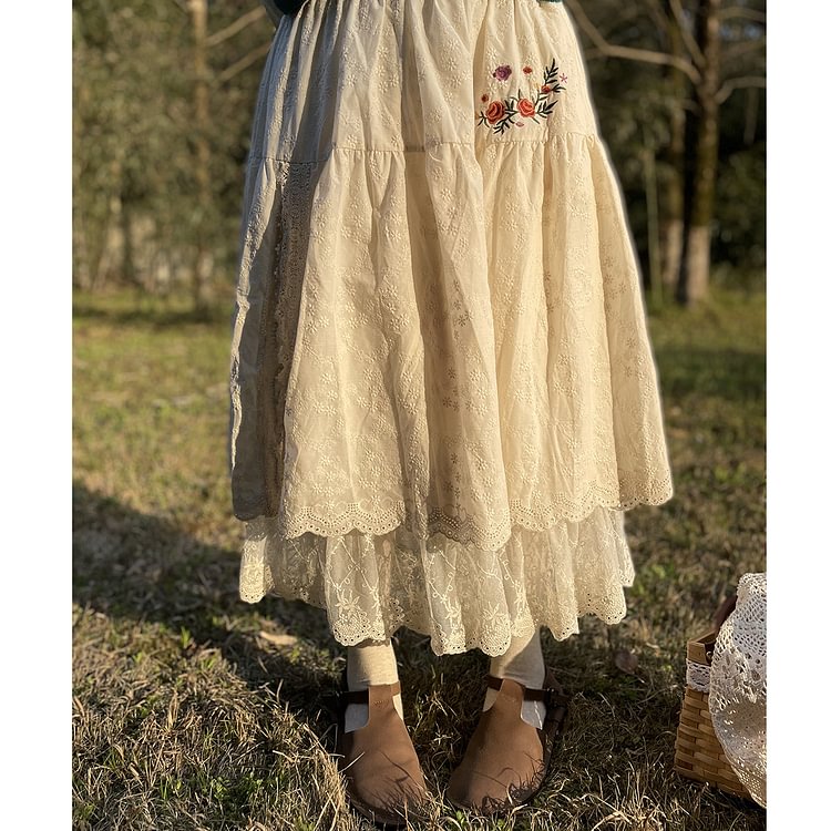 Queenfunky cottagecore style Double-Layered Lace Slit Skirt QueenFunky