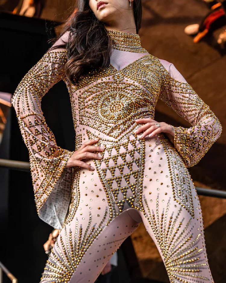 Trendy Sequin Bell Sleeve Slim Jumpsuit