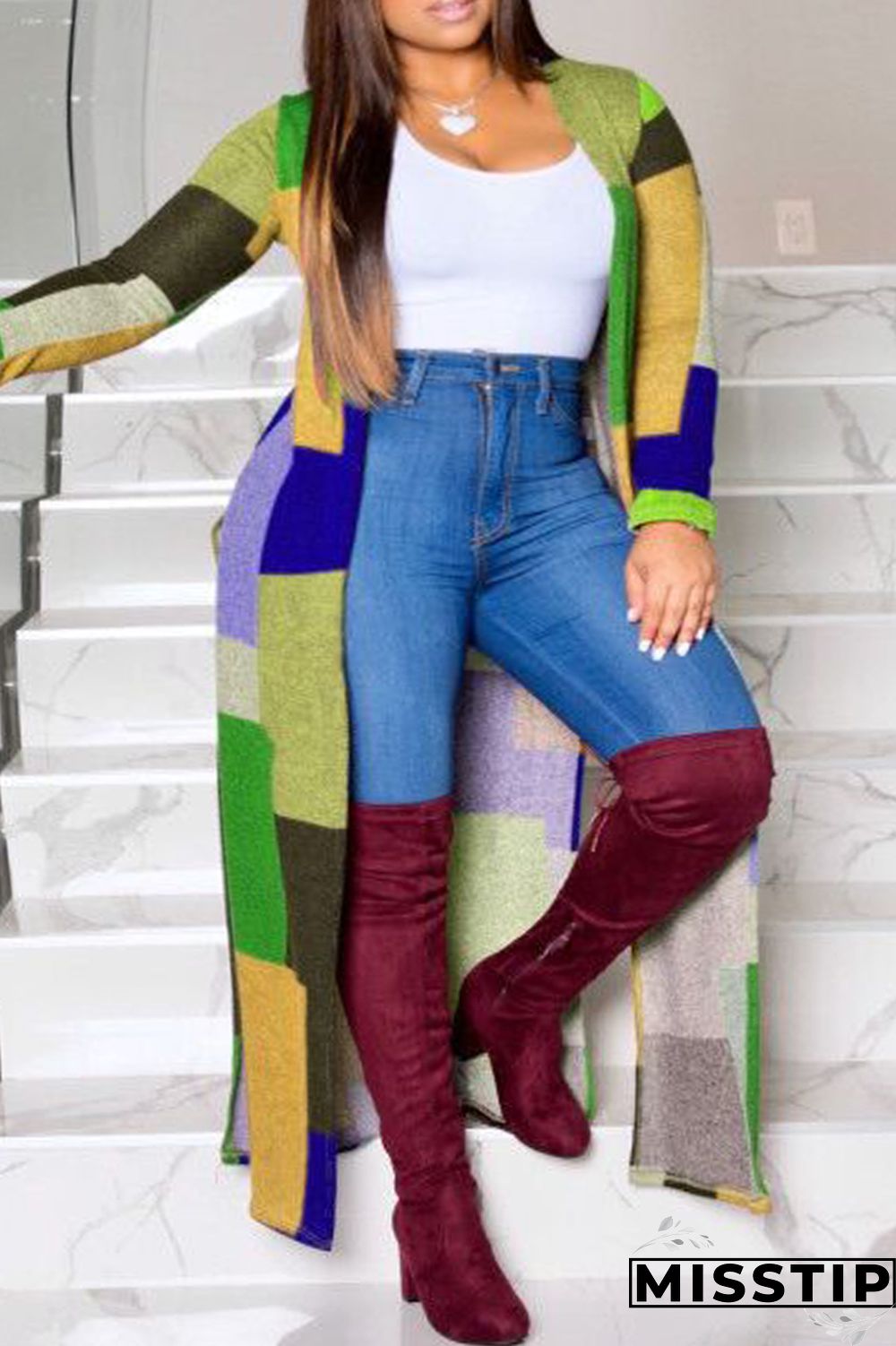 Black And White Casual Geometric Print Patchwork Plus Size Overcoat