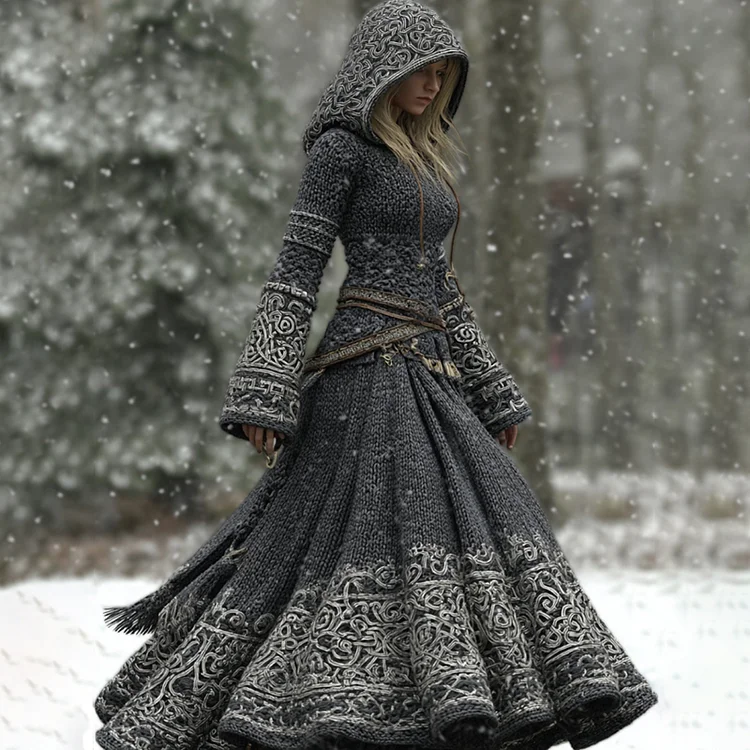 Women's Vintage Viking Celtic Knot Art Cozy Hooded Maxi Dress