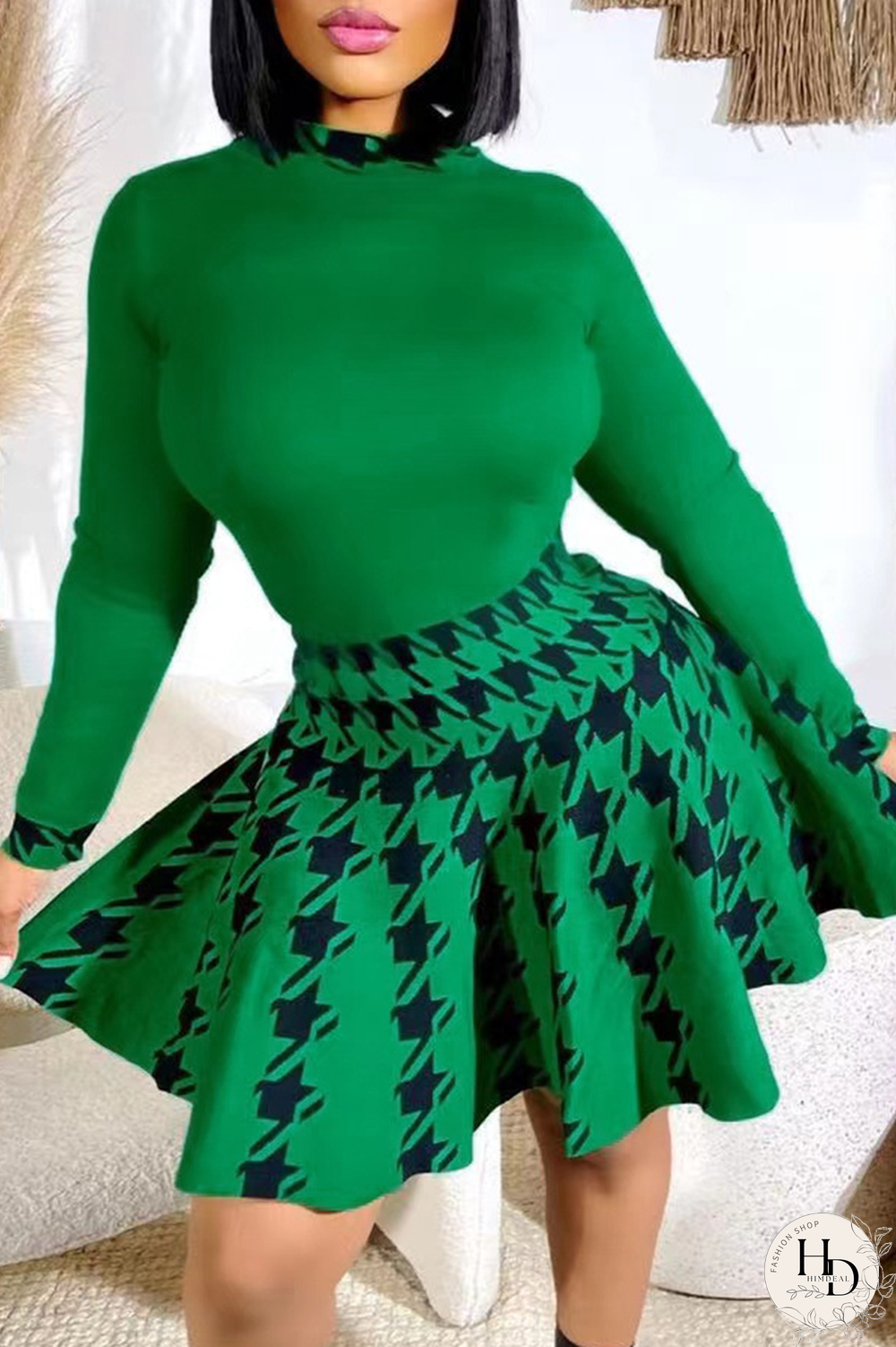 White Sexy Plaid Patchwork Half A Turtleneck Long Sleeve Two Pieces