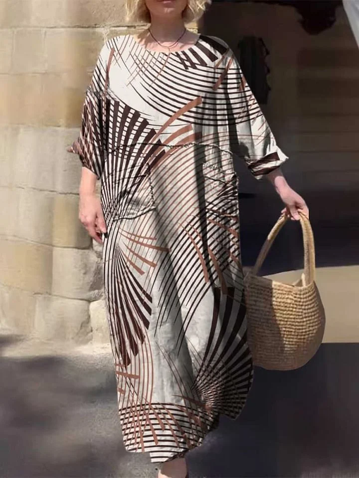 Women's Round Neck Geometric Print Pocket Cotton Dress
