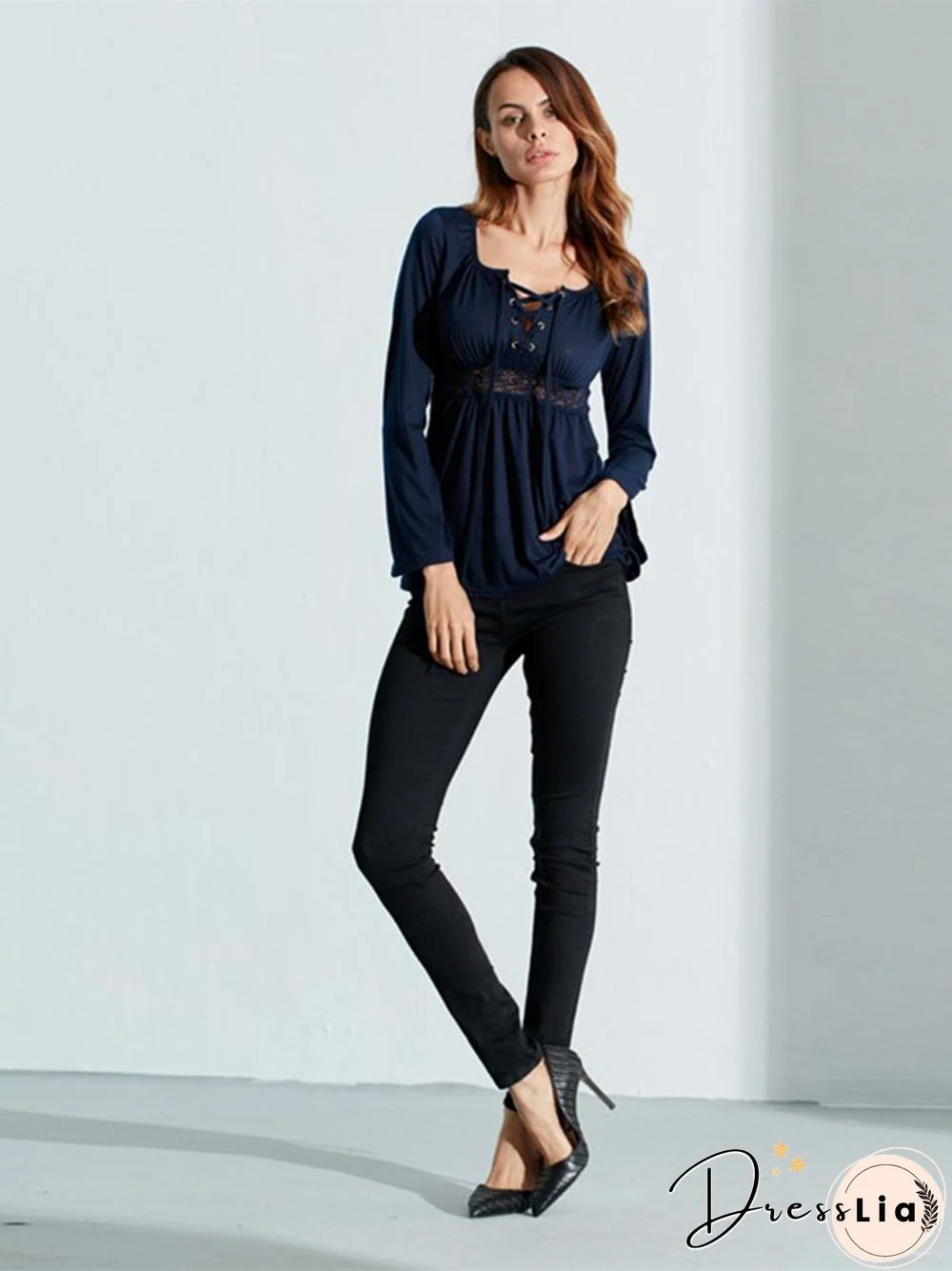 Women V-Neck Lace-up Floral Peplum Long Sleeve Shirts