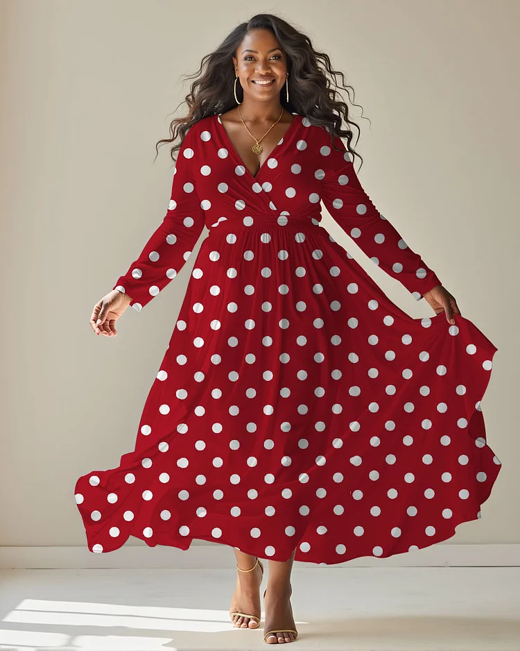 Plus Size Elegant Polka Dots Print Wrap Midi Dress