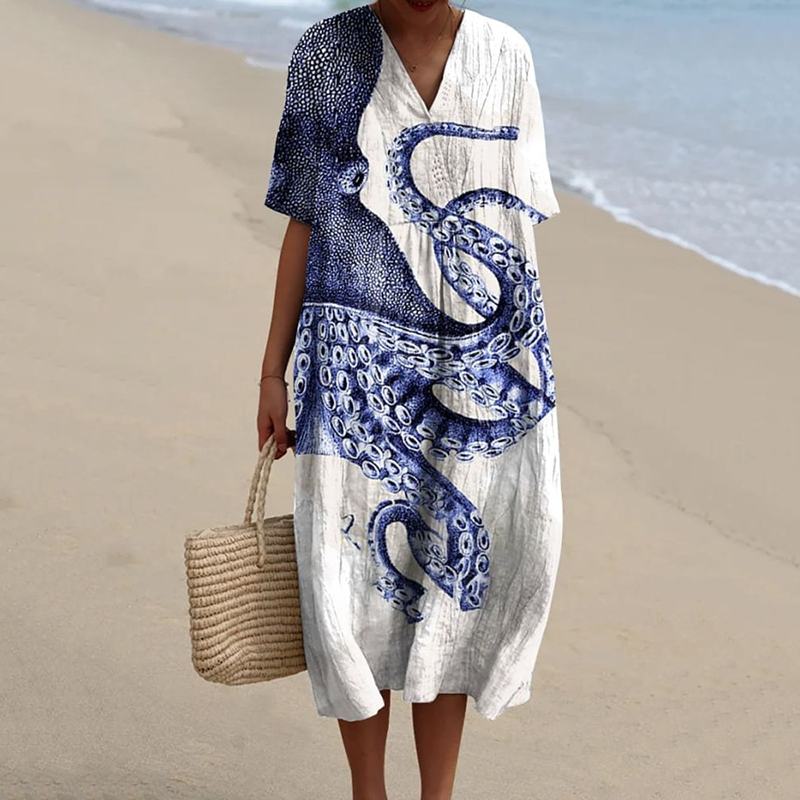 Japanese Octopus Art Print V-Neck Casual Midi Dress