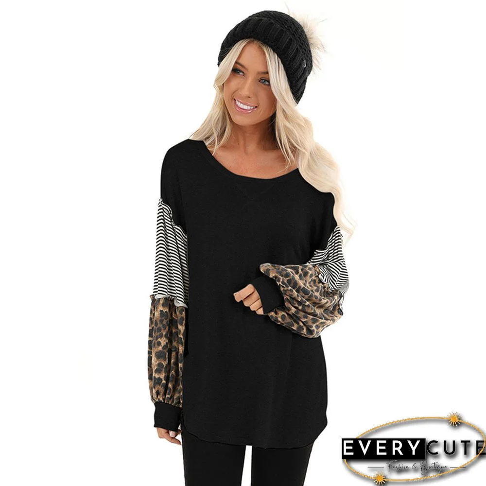 Black Stripes and Leopard Print Puff Sleeve Tops