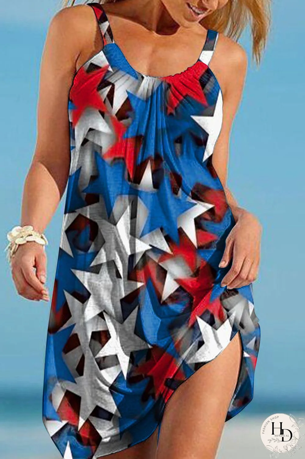 White Red Fashion Casual Print Basic O Neck Vest Dress