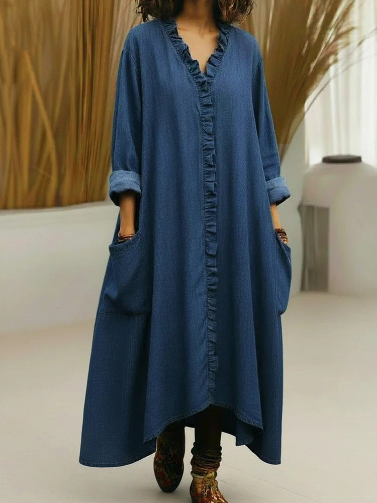 Casual Lace-trimmed V-neck Denim Dress socialshop