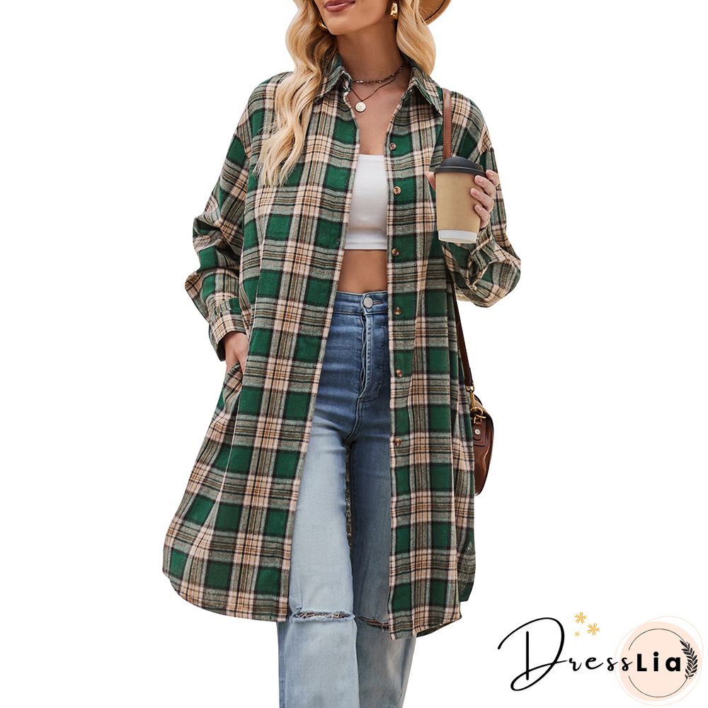 Streetwear Woolen Loose Long Plaid Shirt Coat