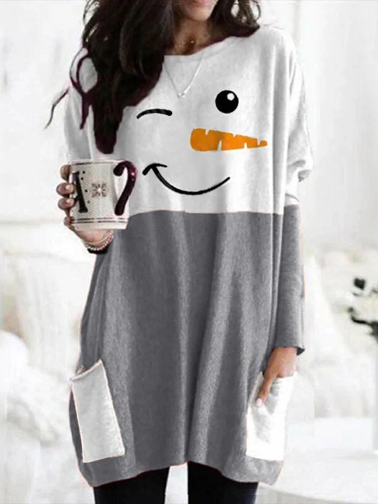 Merry Christmas Snowman Print Long Sleeve Dress