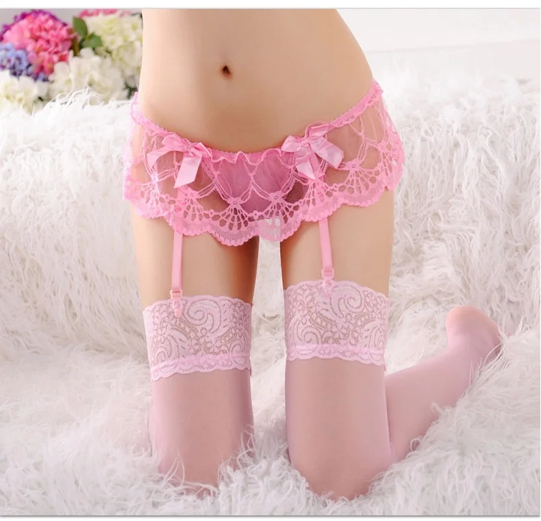 Uveng Sex Lingerie Sexy Embroidery Perspective Lace Garter Stockings Tongs Set Seduction Hot