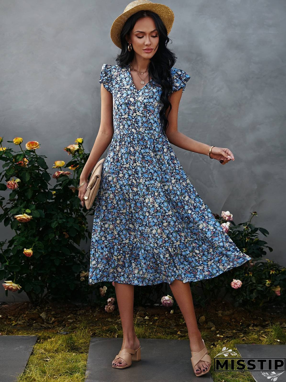 V-neck Fly-sleeve Floral Dress