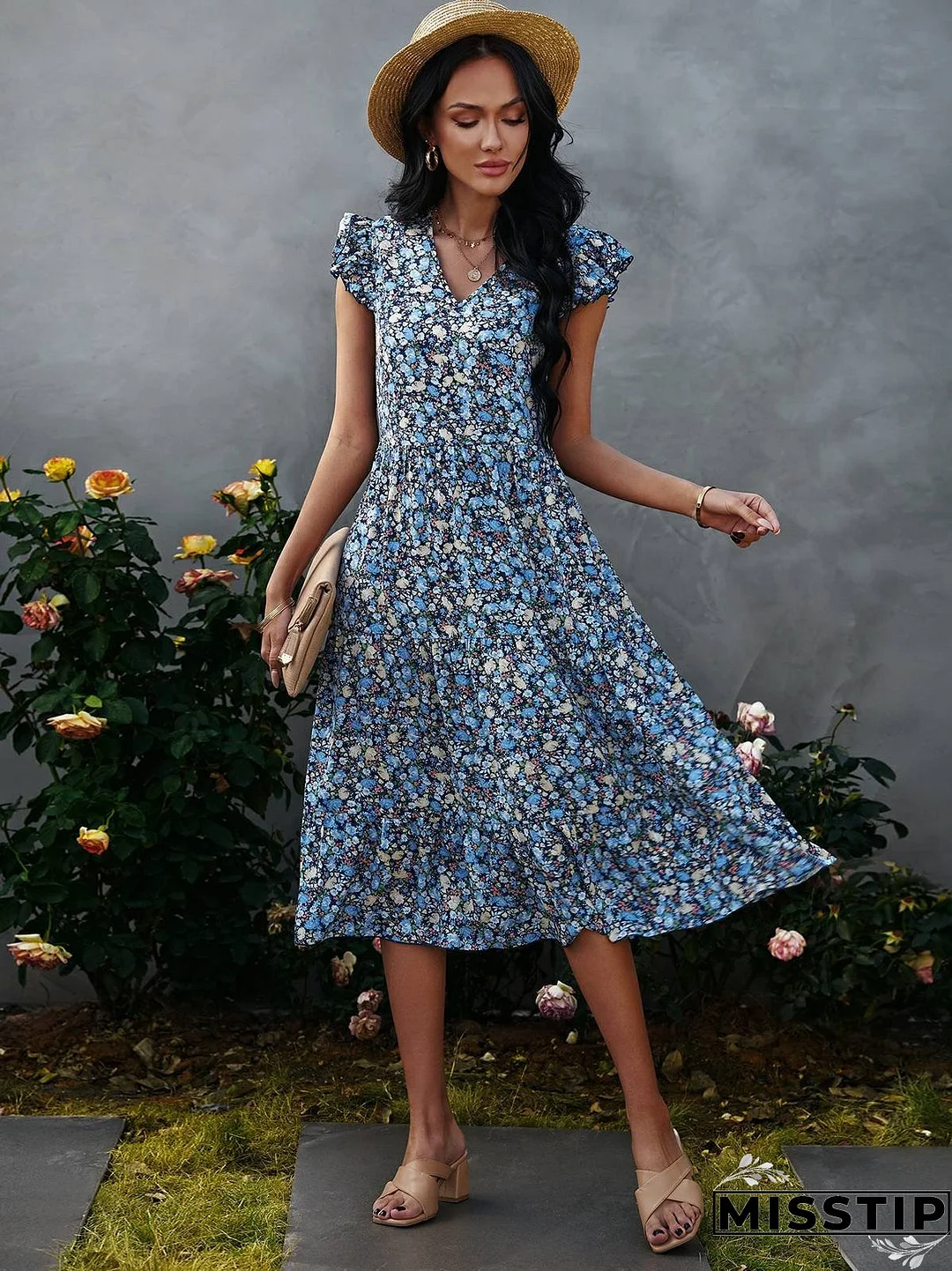 V-neck Fly-sleeve Floral Dress