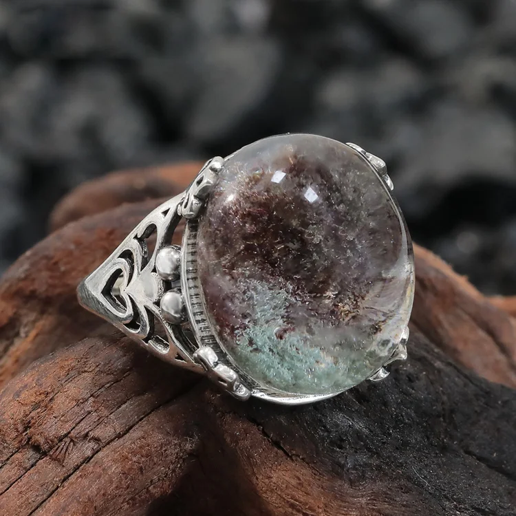 Olivenorma Natural Green Phantom Quartz Spider Engraved Sterling Silver Ring