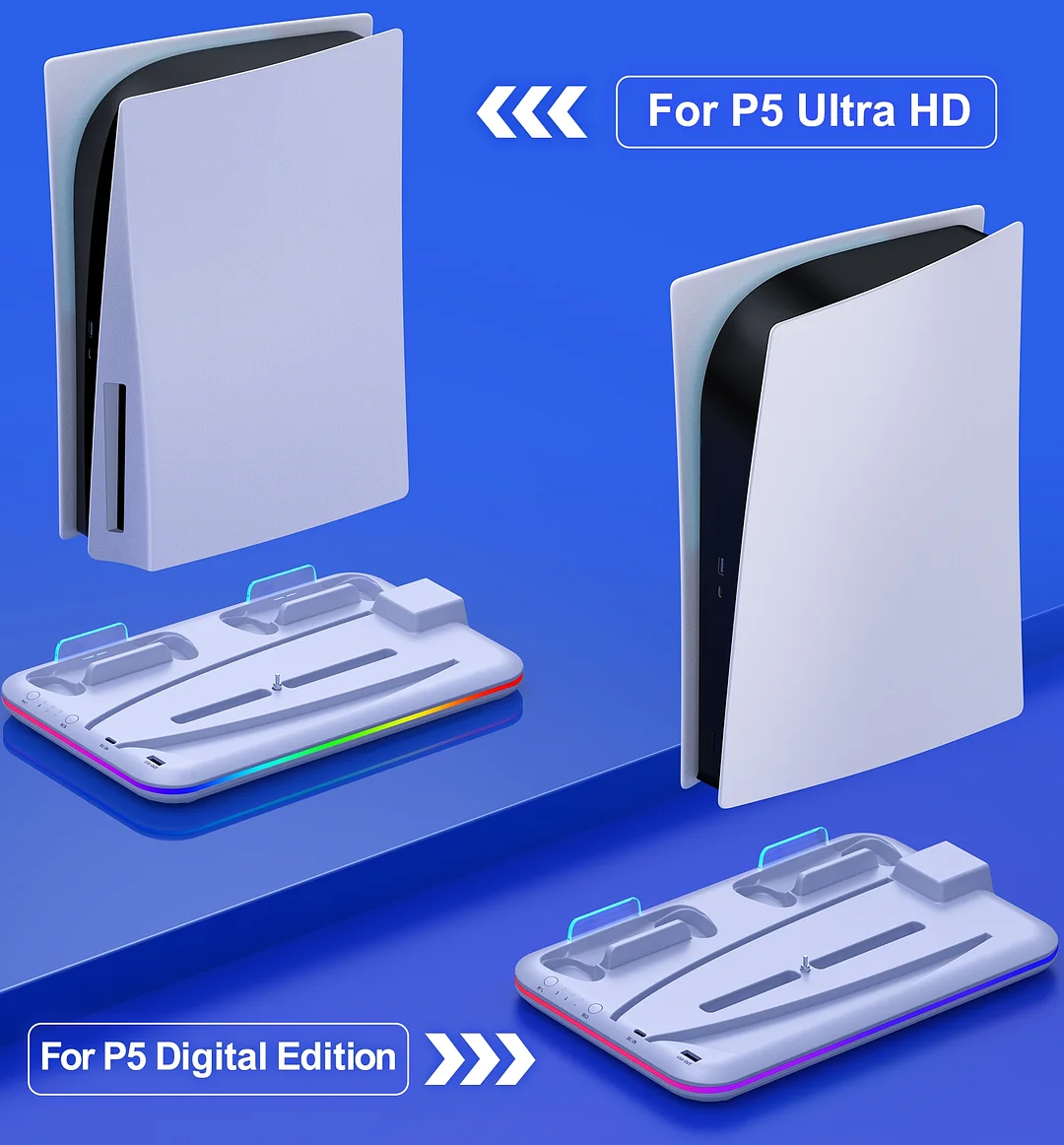 DinoFire PS5 Cooling Station with RGB PS5 Vertical Stand with Suction Cooling Fan for Playstation 5 Accessories,PS5 Controller Charger with Dual Charging Station & Headset Holder-White