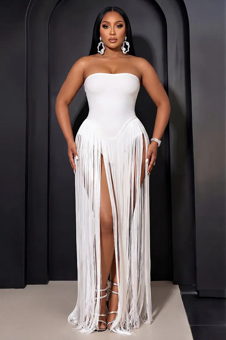 white dress with silver tassels White Sequin Tassel Dress with Feathers