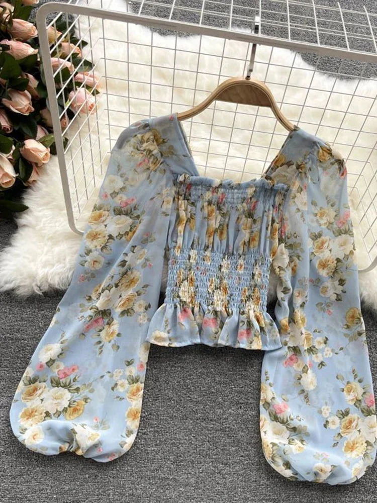 Oocharger Chiffon Women Blouse Summer Lantern Long Sleeve Elastic Crop Tops Fashion Print Floral Square Collar Ruffles Ladies Shirts