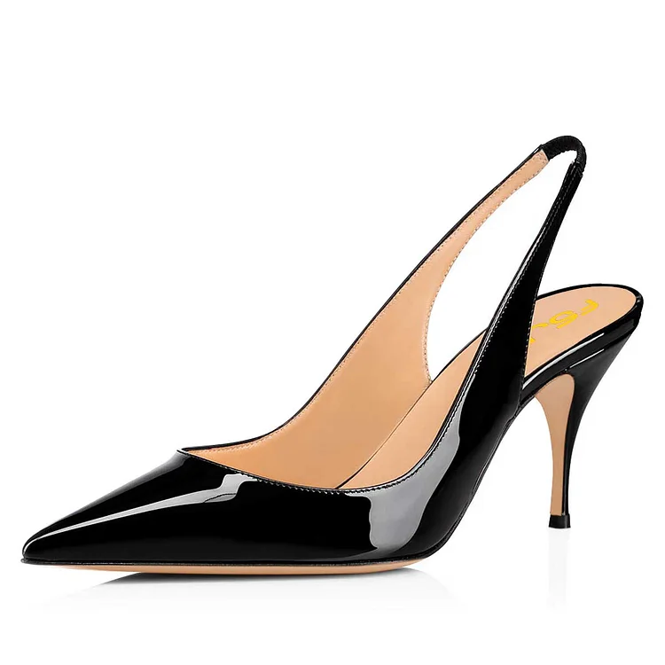 Black Slingback Heels Pointy Toe Stiletto Heel Pumps |FSJ Shoes