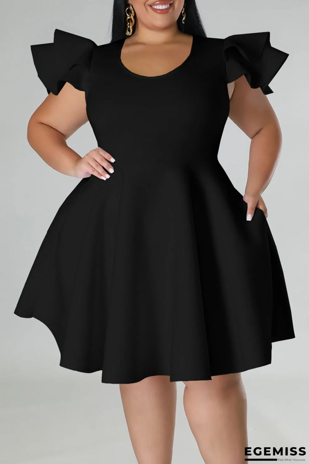 Black Casual Solid Patchwork Flounce O Neck A Line Plus Size Dresses | EGEMISS