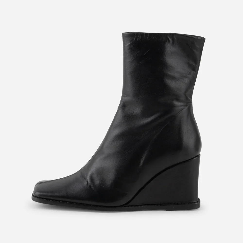 Short Elegant Black Square Toe Zipper Wedge Heel Booties for Women