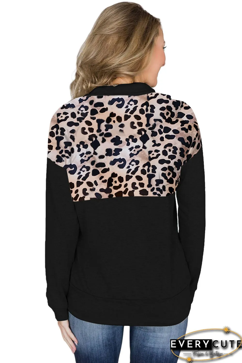 Leopard Zip Stand Collar Dropped Sleeve Sweatshirt