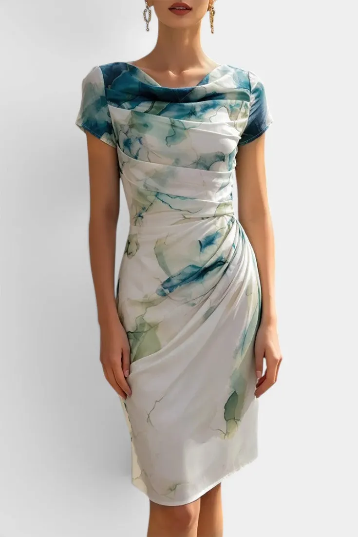 Draped Cowl-Neck Midi Dress with Artistic Print