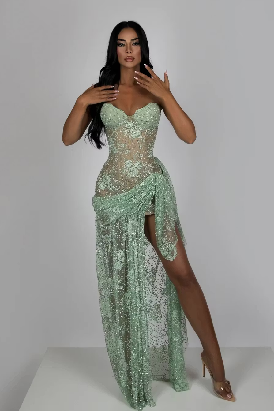 Lussooy Light Green Sleeveless Sweetheart Mermaid Split Evening Dress With Appliques