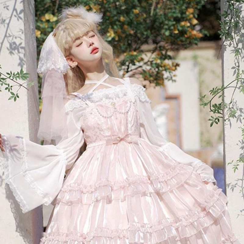 Sweet Pink Polyester Sleeveless Pullover Layered Lolita Dress 