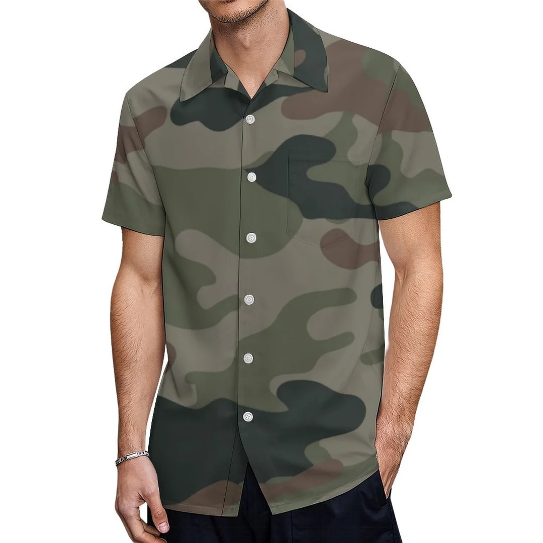 Short Sleeve Dark Woodland Camo Hawaiian Shirt Mens Button Down Plus Size Tropical Hawaii Beach Shirts