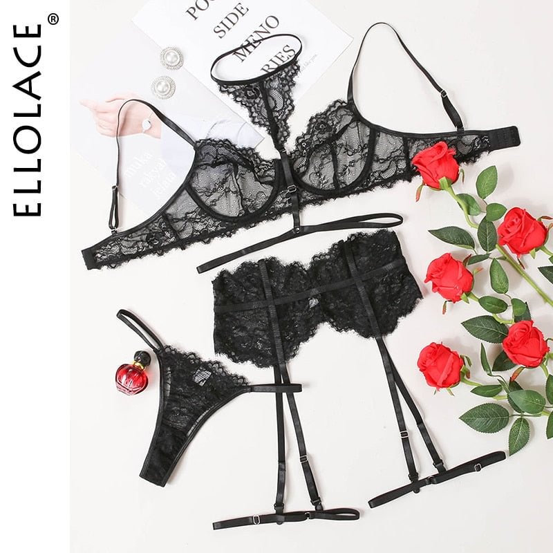 Ellolace Sensual Lingerie Sexy Lace Halter Erotic Costumes 4-Piece Underwire Bra Thongs Exotic Set Garters Intimate Bottom Whore 514-1