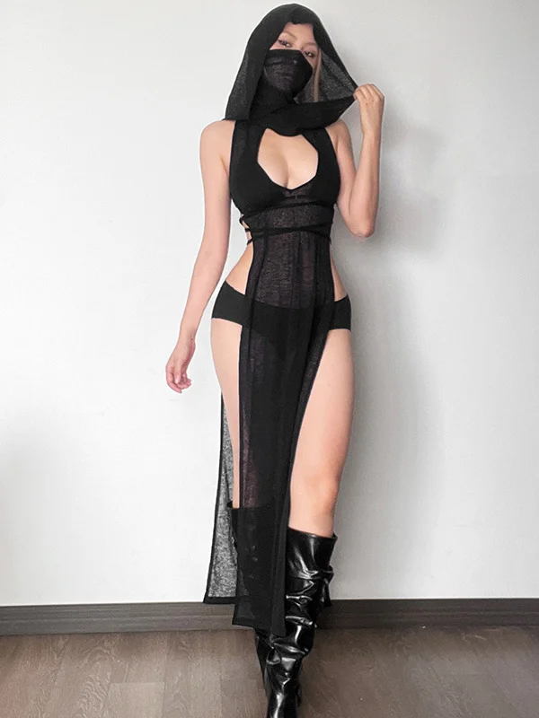 Gothic Dark Solid Pattern Slit Knitted Cutout See through Sleeveless Hoodie Dress